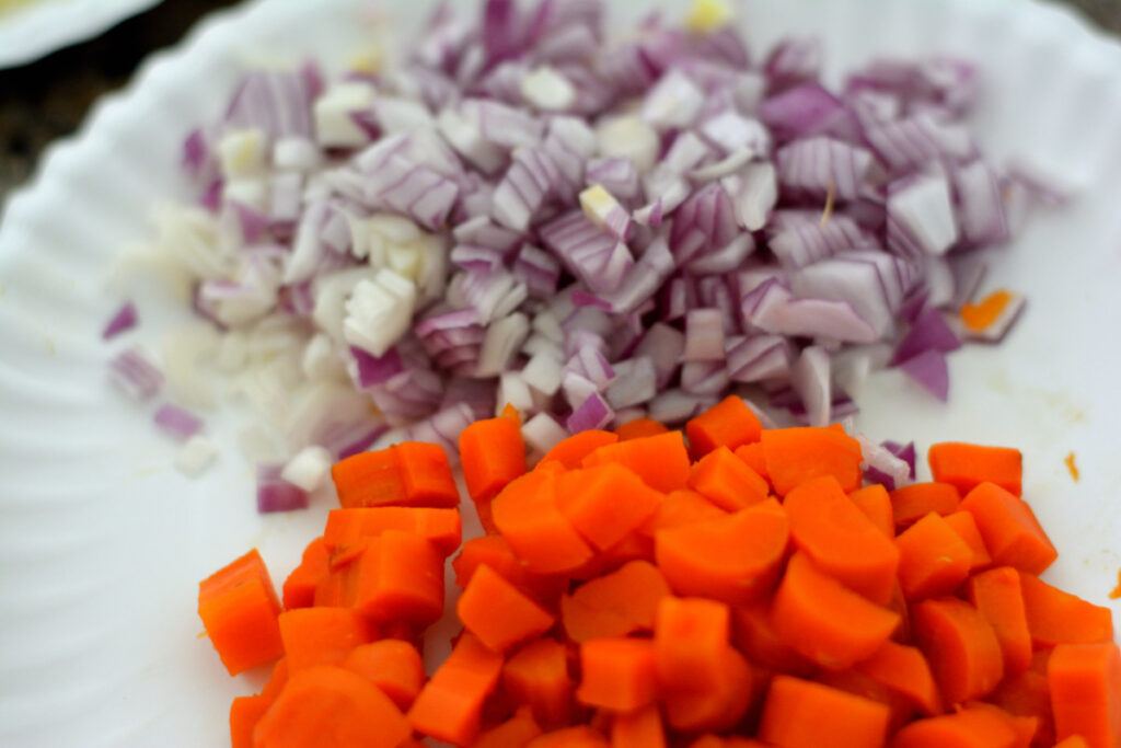 Chopped carrots and onion for Russian Vinaigrette Salad