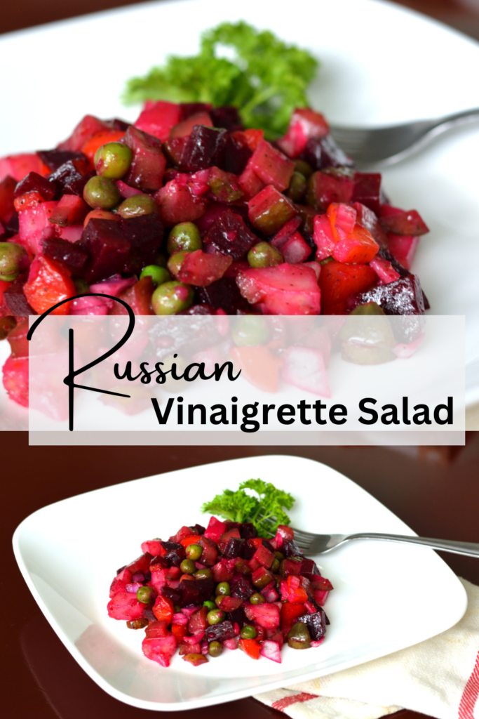 Russian Vinaigrette Salad two photos and title for Pintrest pin